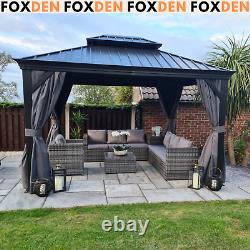 Large 3 x 3.7m Hardtop Metal Gazebo Sides Outdoor Canopy 2 Tier Roof Black Grey