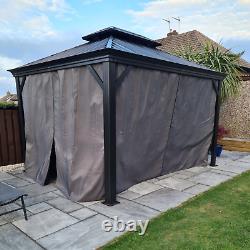 Large 3 x 3.7m Hardtop Metal Gazebo Sides Outdoor Canopy 2 Tier Roof Black Grey