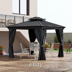 Large 3 x 3.7m Hardtop Metal Gazebo Sides Outdoor Canopy 2 Tier Roof Black Grey