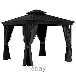 Large 3 x 3.7m Hardtop Metal Gazebo Sides Outdoor Canopy 2 Tier Roof Black Grey