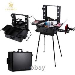 Large Cosmetics Make Up Beauty Trolley Artist Pro Rolling Case withLights Mirror
