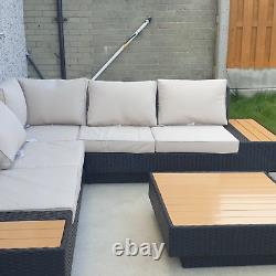 Grand ensemble de canapé en rotin de luxe d'angle pour patio en osier, meubles de jardin avec coussins et table