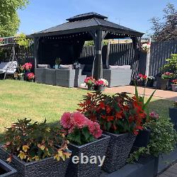 Grand gazebo métallique à toit rigide de 3 x 3,7 m avec côtés et auvent extérieur à 2 niveaux noir gris.