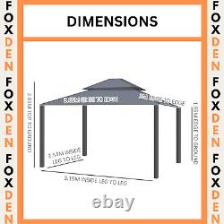 Grand gazebo métallique à toit rigide de 3 x 3,7 m avec côtés et auvent extérieur à 2 niveaux noir gris.