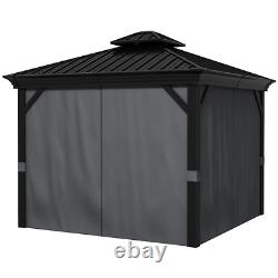 Grand gazebo métallique à toit rigide de 3 x 3,7 m avec côtés et auvent extérieur à 2 niveaux noir gris.