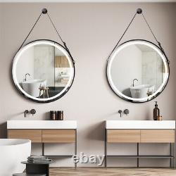 Grand miroir de salle de bain rond avec éclairage LED, miroir mural avec sangle en cuir et désembueur