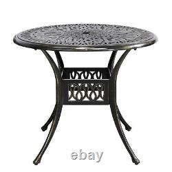 Grande table de patio ronde en aluminium coulé de 90 cm avec trou pour parasol à l'extérieur