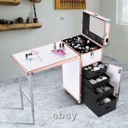 Grande table roulante pour maquillage et ongles avec boîte, miroir et étui de voyage pour studio cosmétique