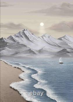 Peinture sur toile de grande taille encadrée en aluminium et cristal de montagne de plage nuageuse