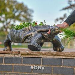 Sculpture et pot de jardin en aluminium en forme de grande tortue deux-en-un.